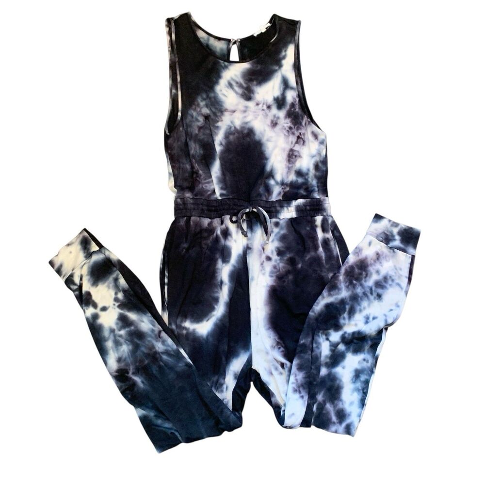 ANISTAR Women’s Black and White Tie Dye Tank Jogger Jumpsuit with Pockets Medium